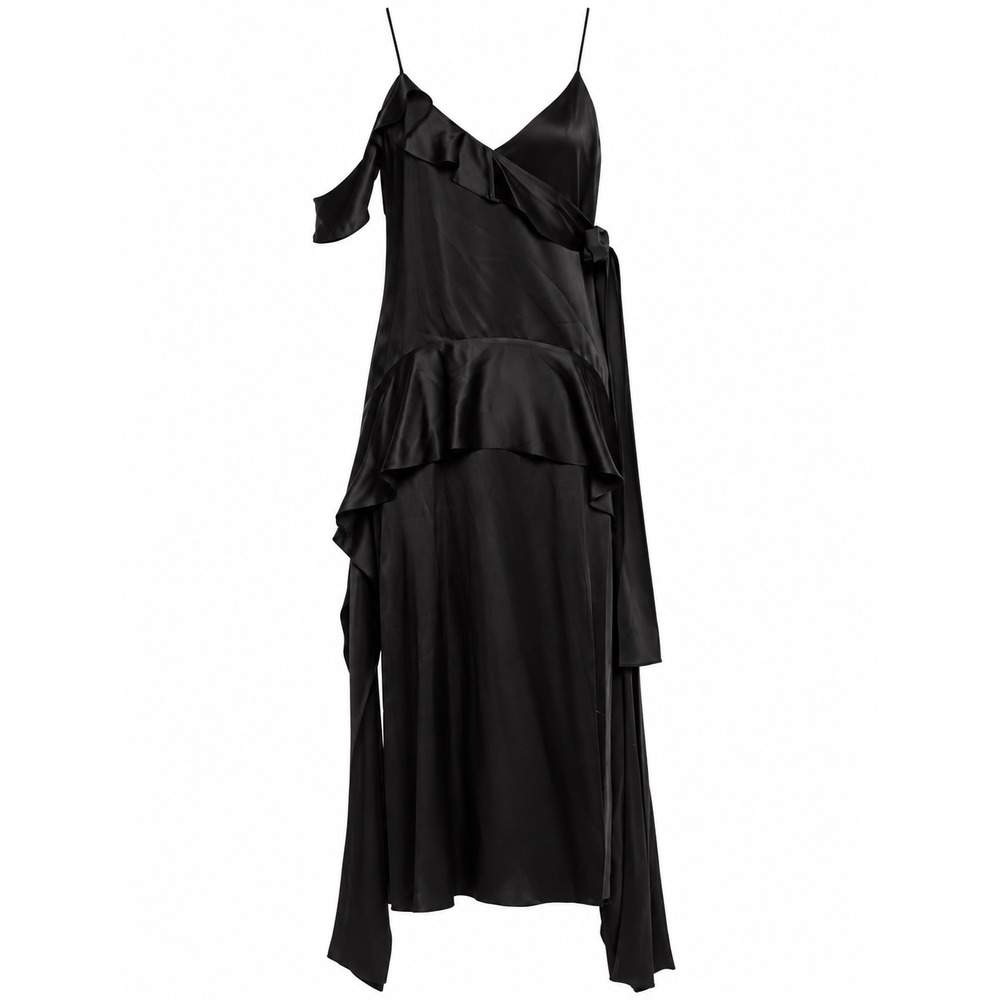 Jonathan Simkhai Black 100% Silk Ruffle Maxi Dress Runway Size 4 Asymmetric